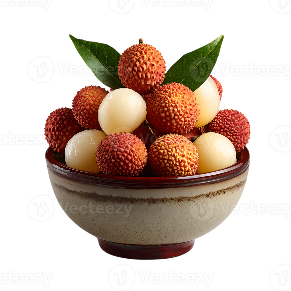 A ceramic bowl filled with ripe red lychee fruits and peeled lychee flesh with green leaves isolated on transparent background png