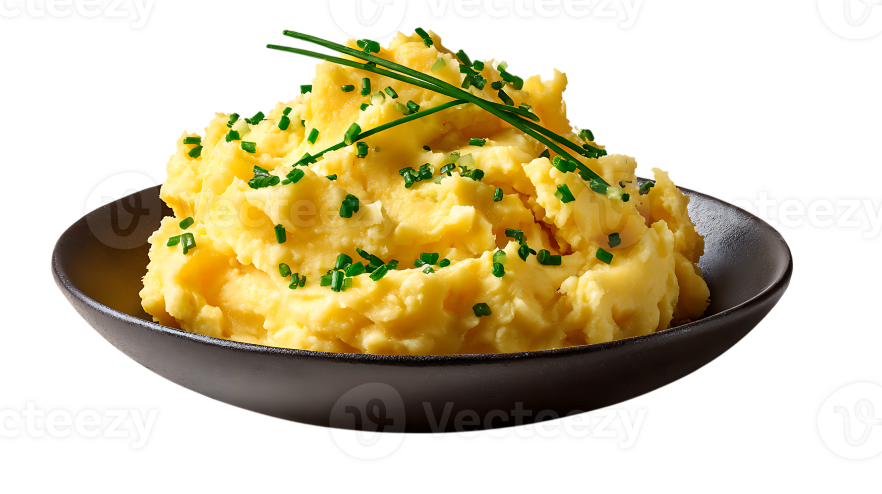 Creamy mashed potatoes generously garnished with fresh chopped chives and delicate chive sprigs in a dark bowl isolated on transparent background png