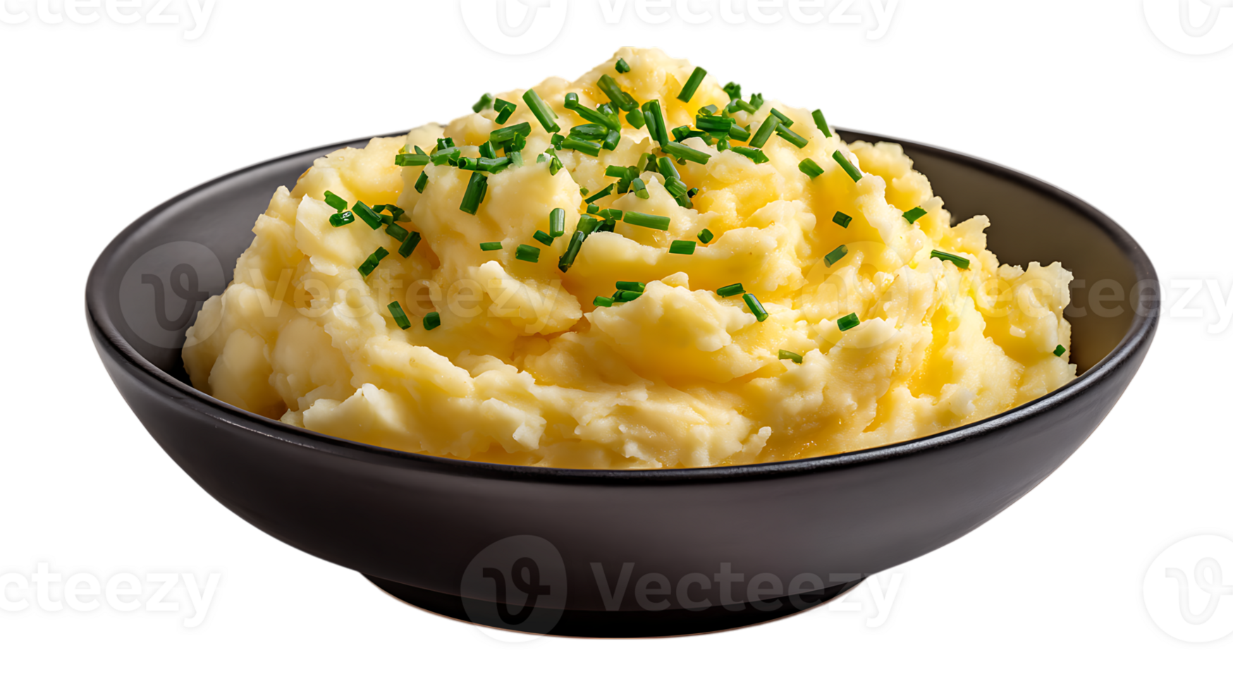 Creamy mashed potatoes with fresh chives sprinkled on top served in a dark bowl isolated on transparent background image png