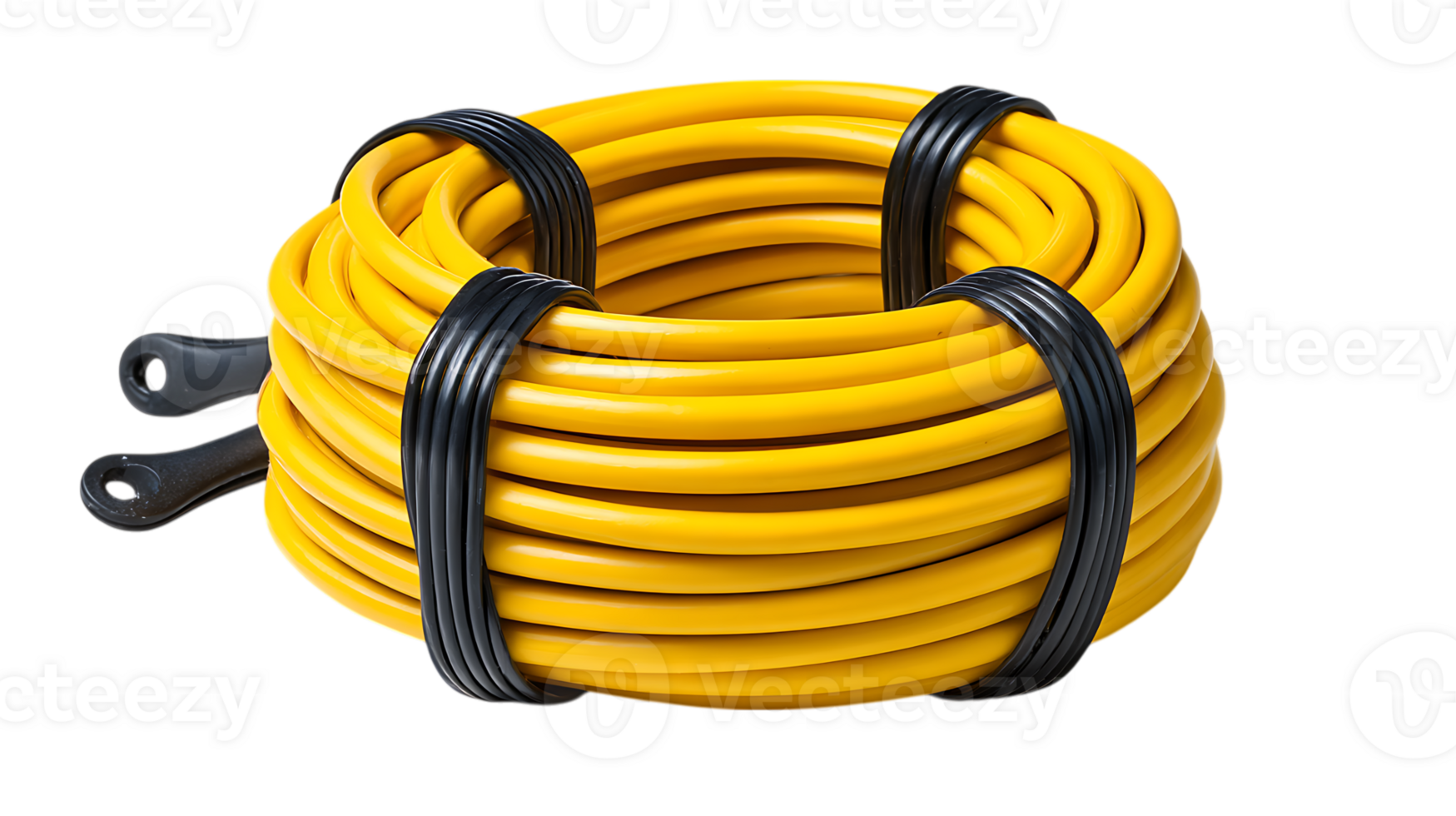 A coiled bright yellow electrical extension cord with black connectors and securing straps isolated on transparent background png
