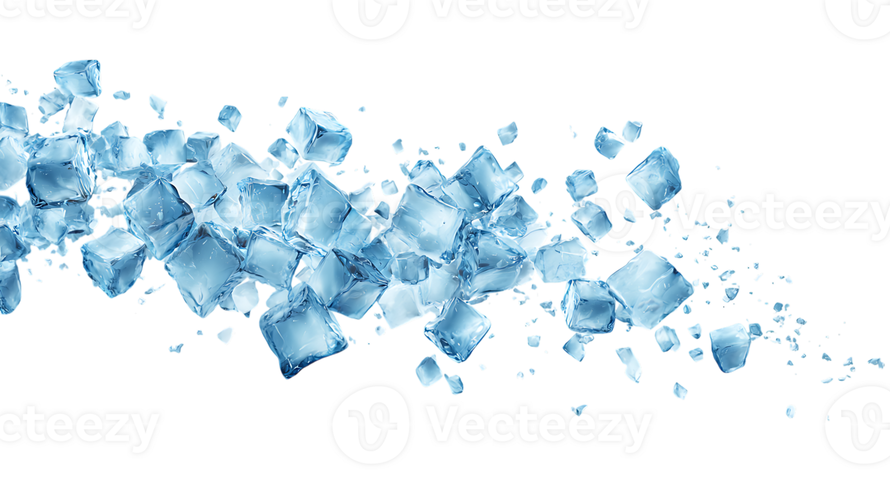 A dynamic cascade of clear blue ice cubes and shards frozen in motion isolated on transparent background png