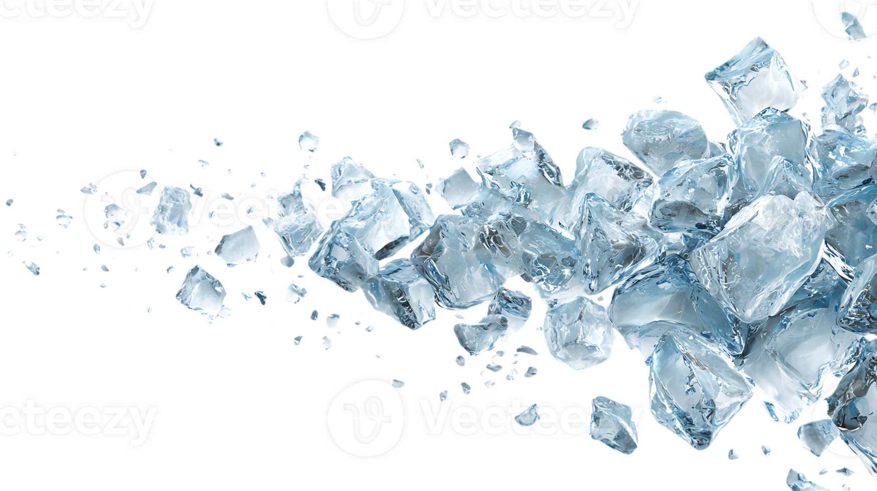 A dynamic cascade of clear angular ice cubes and fragments tumbling and scattering across a dark void isolated on transparent background png
