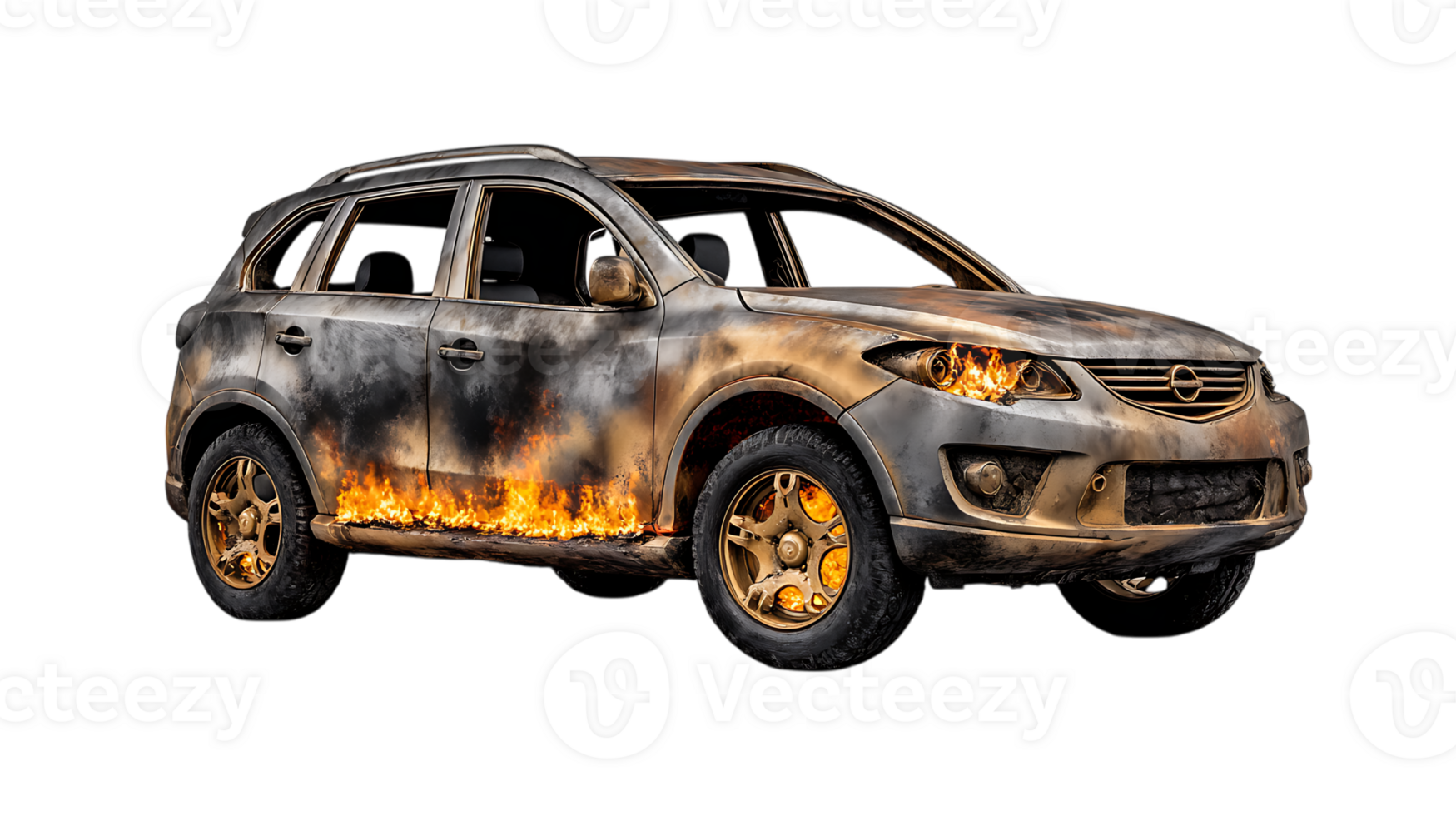 A heavily damaged and burning suv with flames engulfing the side and headlights isolated on transparent background png