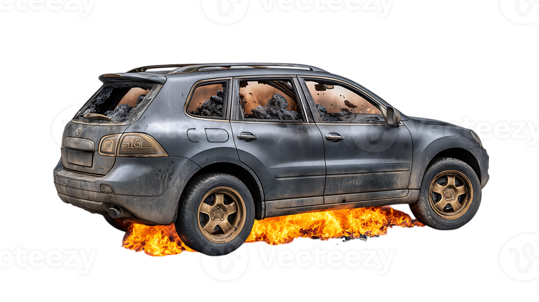 Damaged dark gray suv engulfed in flames with broken windows and debris inside isolated on transparent background png