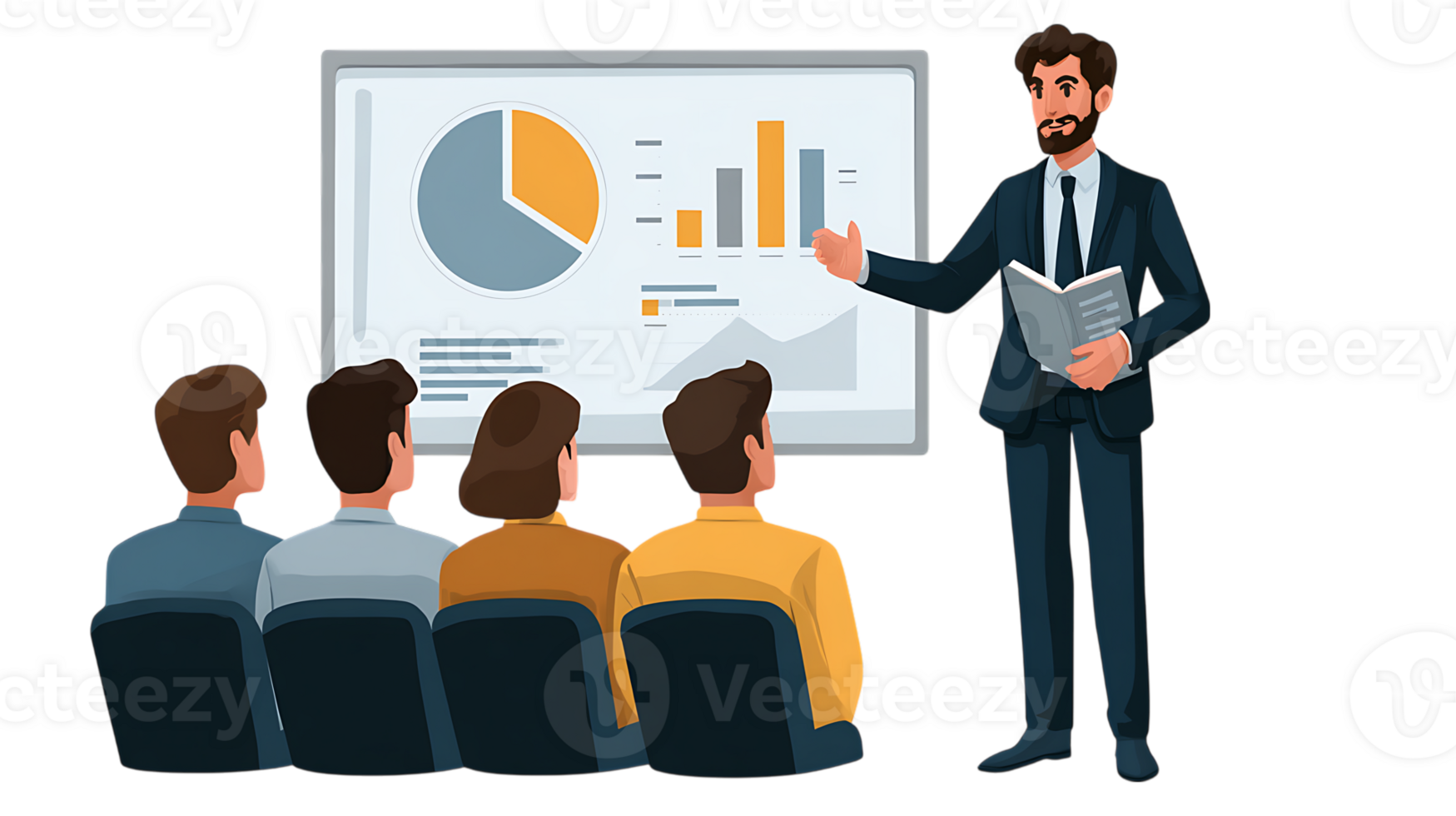 Business presentation with a speaker and audience viewing charts and graphs on a whiteboard isolated on transparent background image png