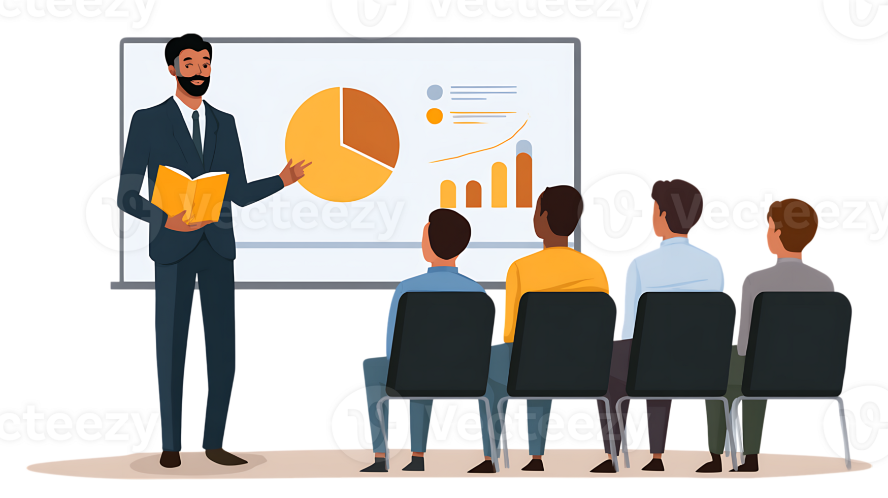 Business presentation with a speaker and audience viewing charts and graphs on a whiteboard on transparent background png