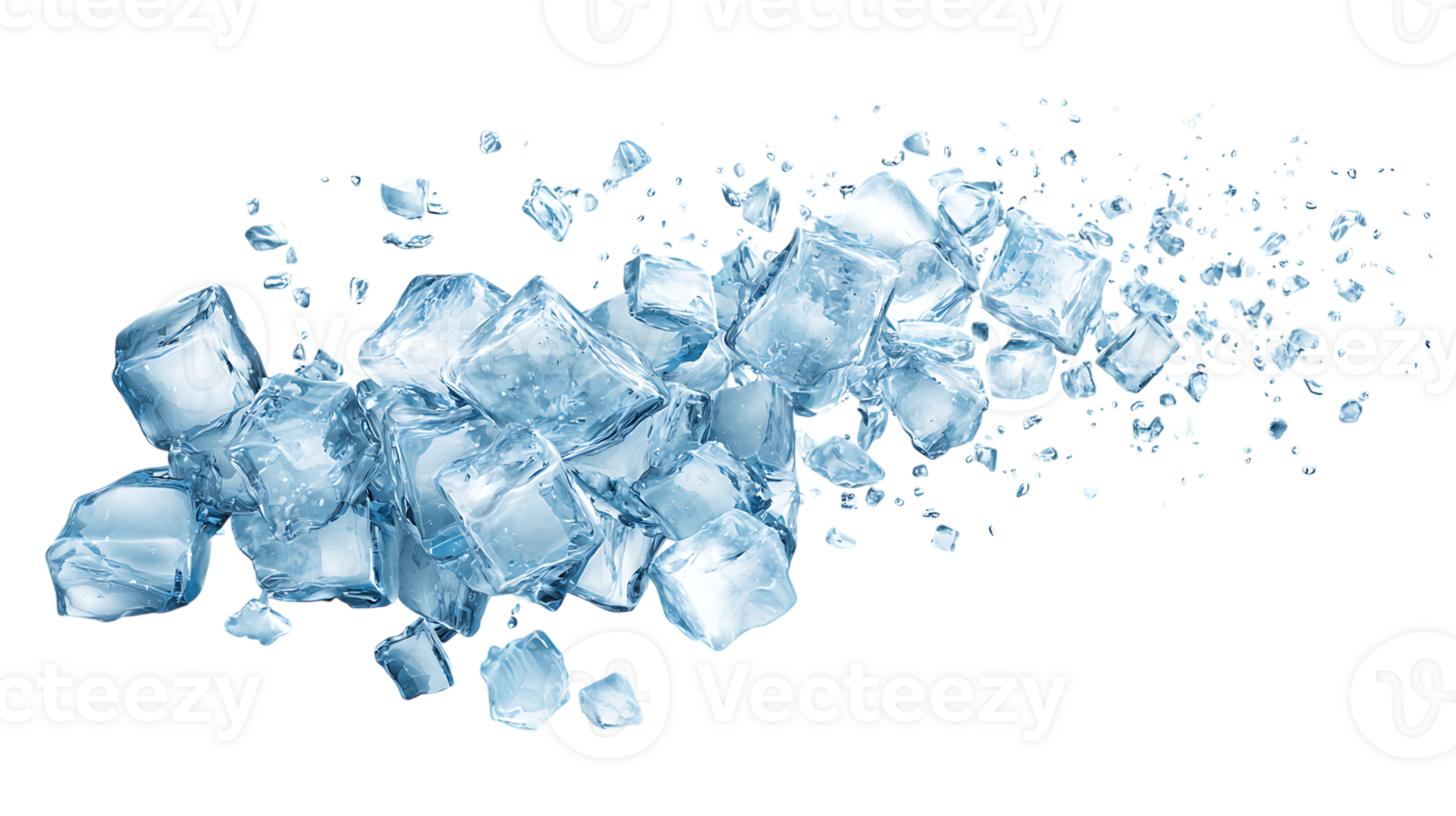A dynamic cascade of clear ice cubes and shattered ice fragments frozen in motion isolated on transparent background png