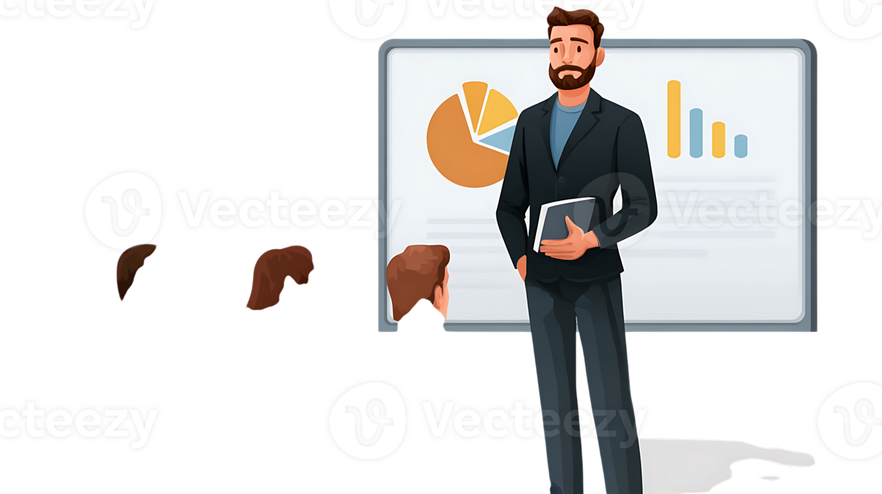 Business presentation with pie chart and bar graph by a confident speaker isolated on transparent background png