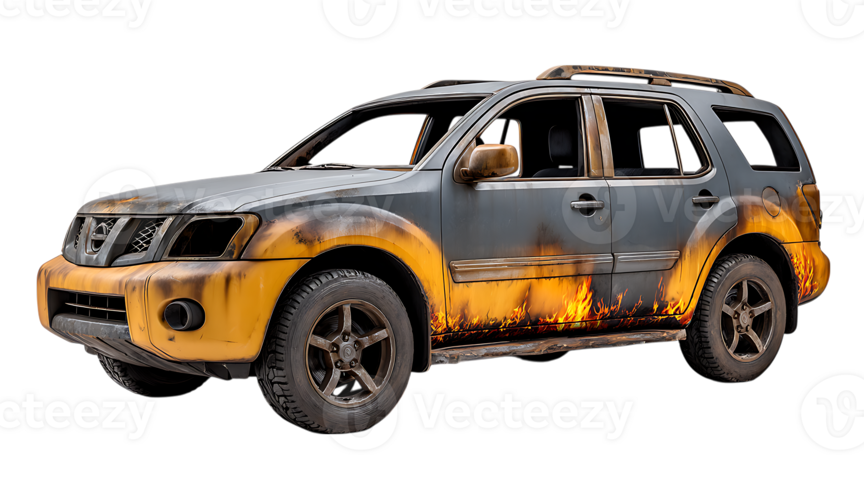 Post apocalyptic burned out suv with flame graphics isolated on transparent background png