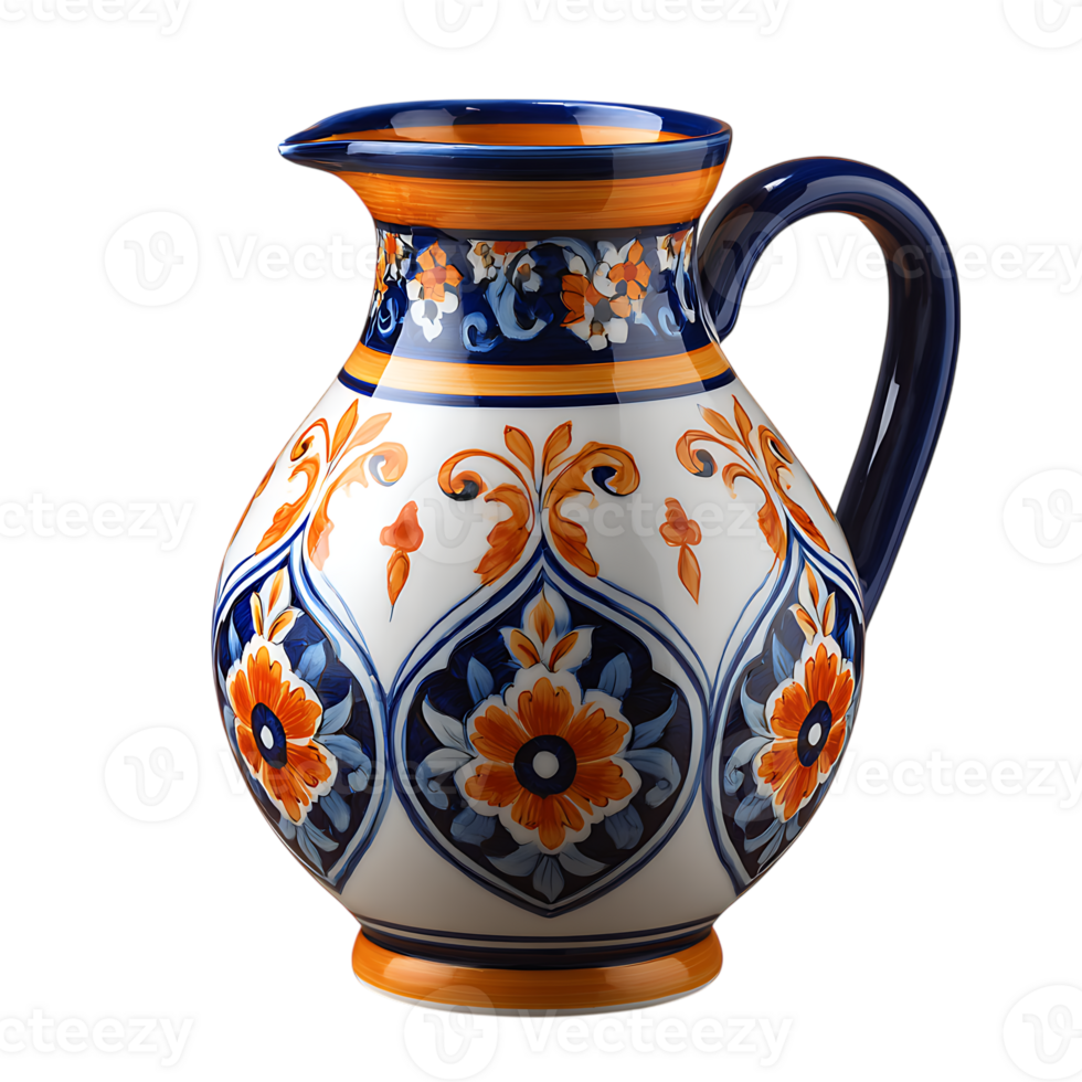 Ornate ceramic pitcher with vibrant blue and orange floral patterns on transparent background png