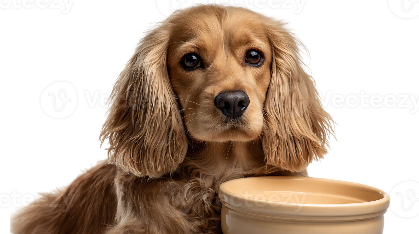 Adorable golden cocker spaniel puppy with long floppy ears posing next to an empty food bowl isolated on transparent background png
