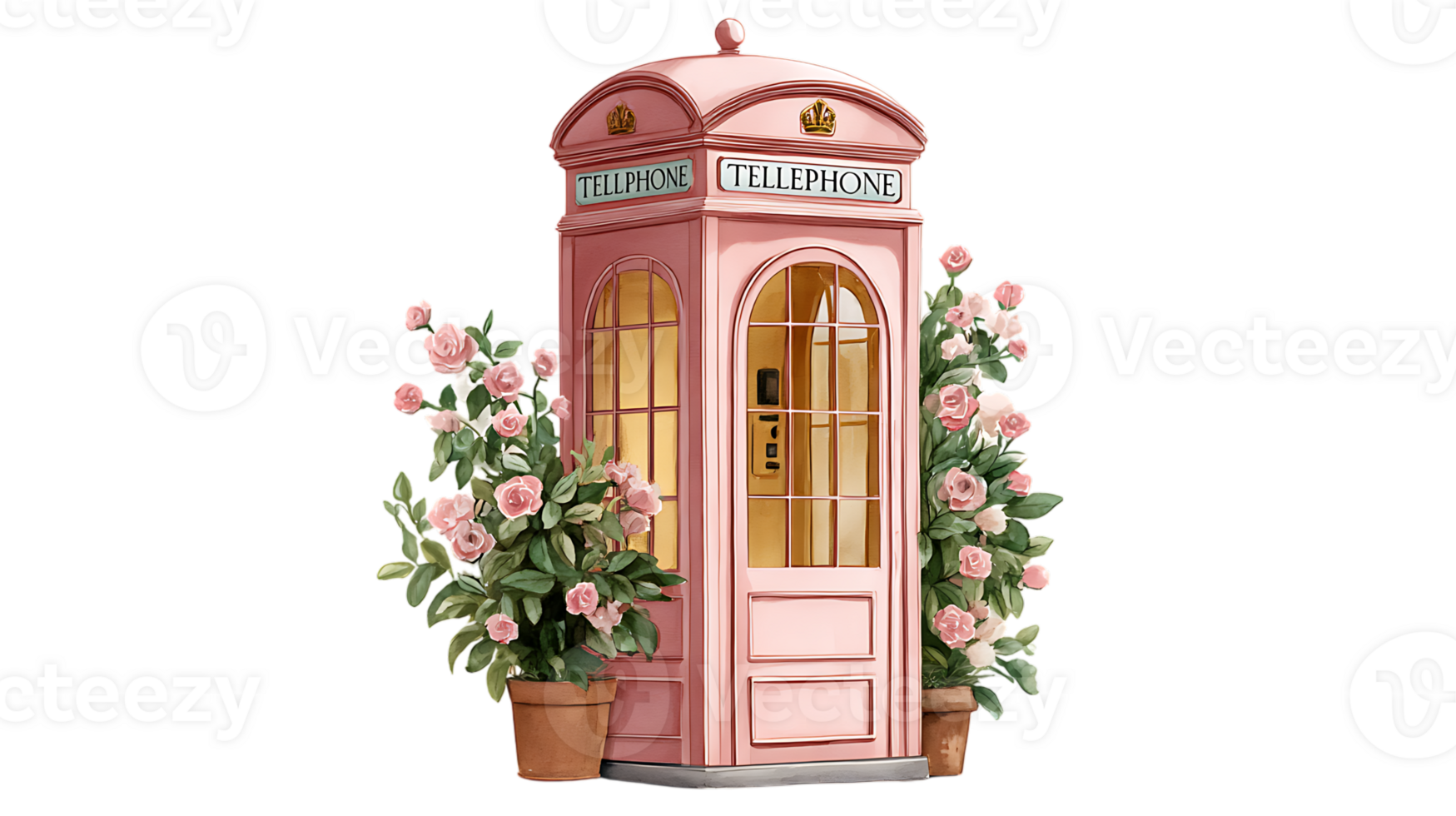 Charming pink watercolor telephone booth adorned with abundant blooming pink roses in terracotta pots isolated on transparent background png