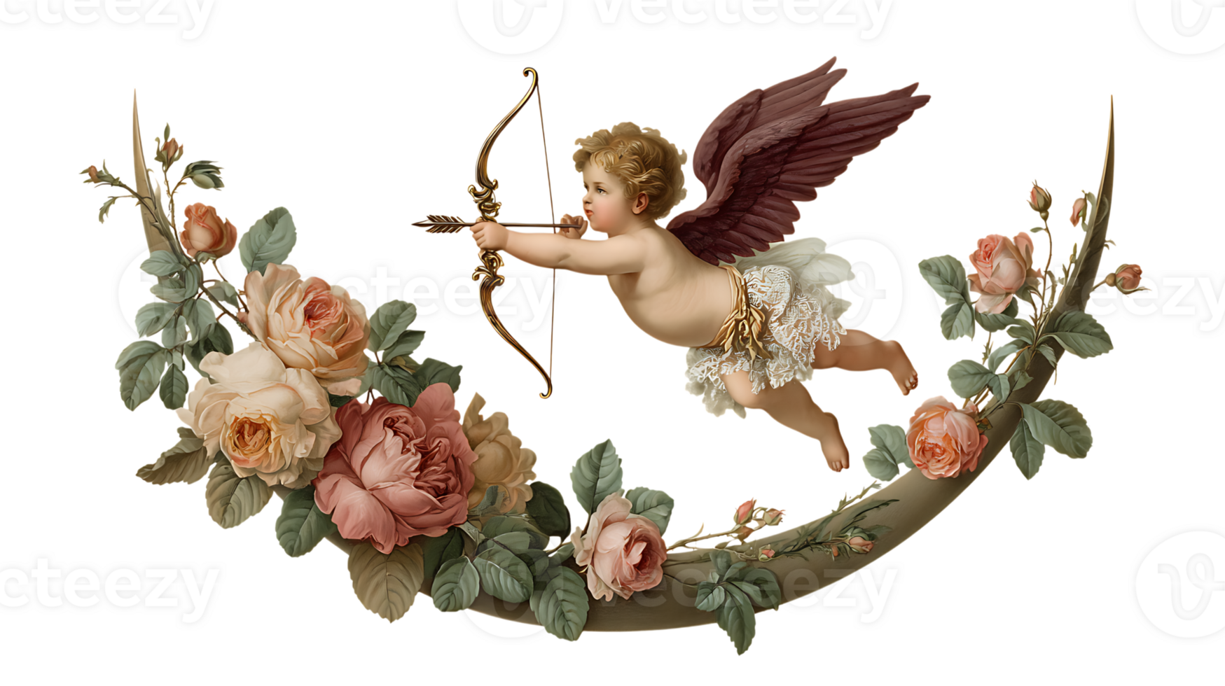 Vintage cherub with bow and arrow flying amidst a floral garland of roses and leaves isolated on transparent background png