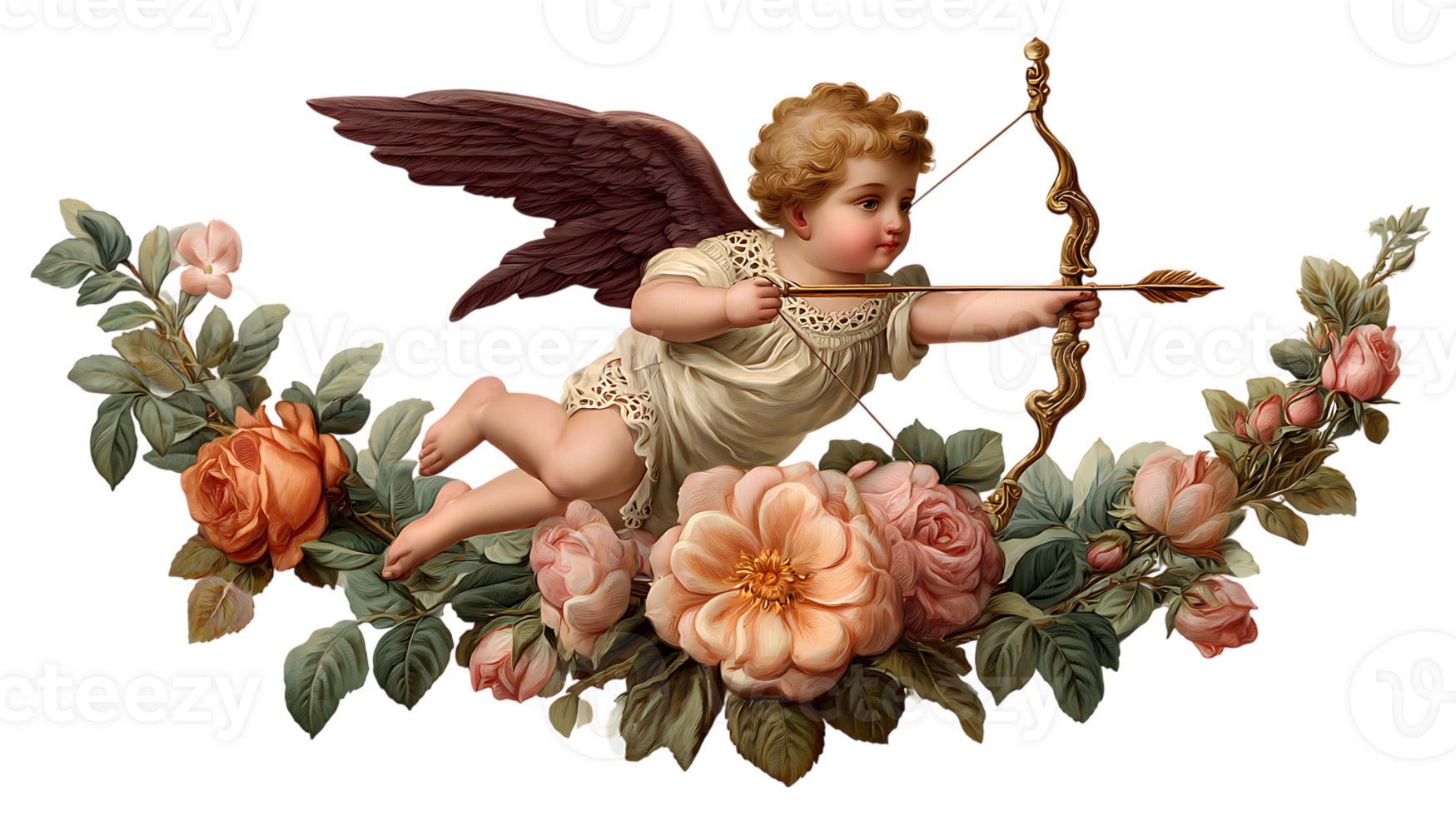 Victorian era cherub with bow and arrow surrounded by roses isolated on transparent background png