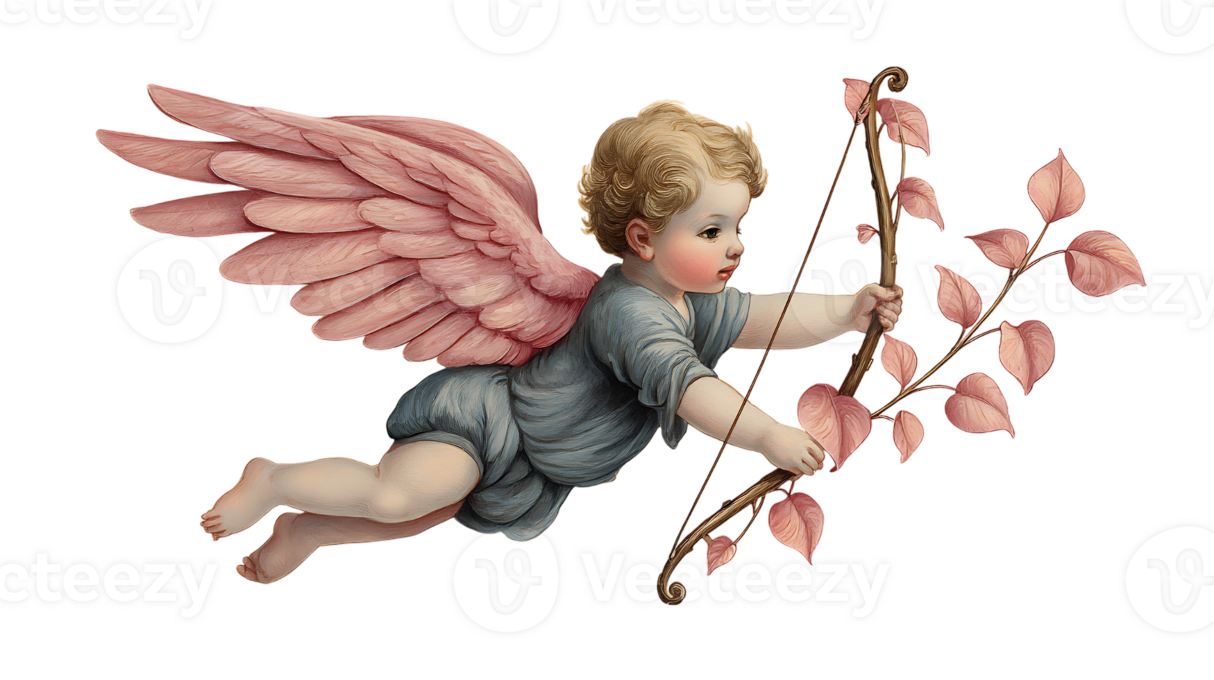 A cherubic cupid with large pink feathered wings and a bow adorned with pink leaves isolated on transparent background png