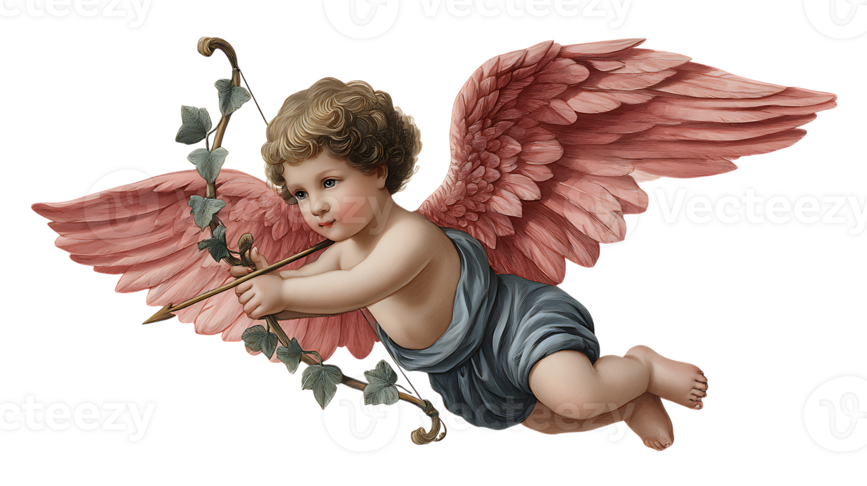 A classic cherub with pink wings and a blue garment aims a bow and arrow entwined with ivy isolated on transparent background png