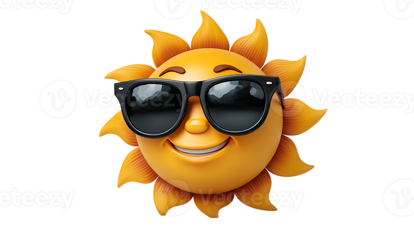 Happy cartoon sun character wearing black sunglasses with a big smile isolated on transparent background png