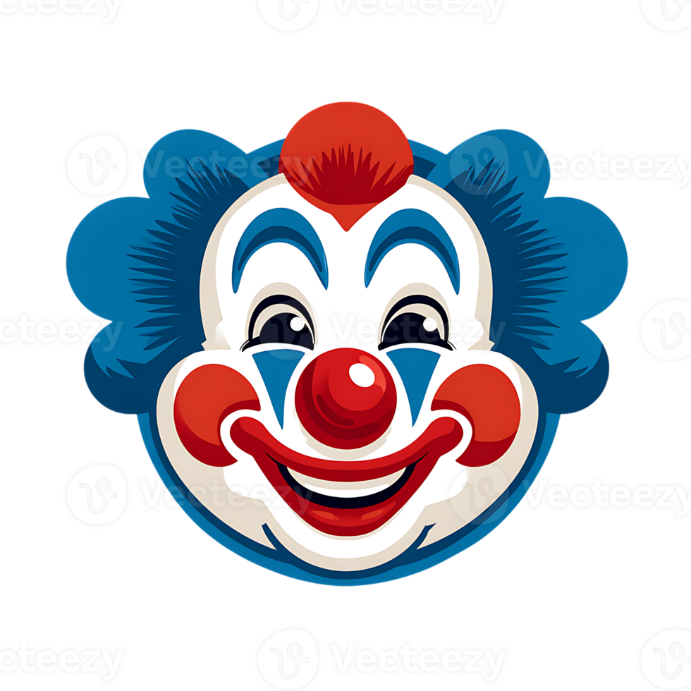 A cheerful clown face with blue hair red nose and white makeup isolated on transparent background png