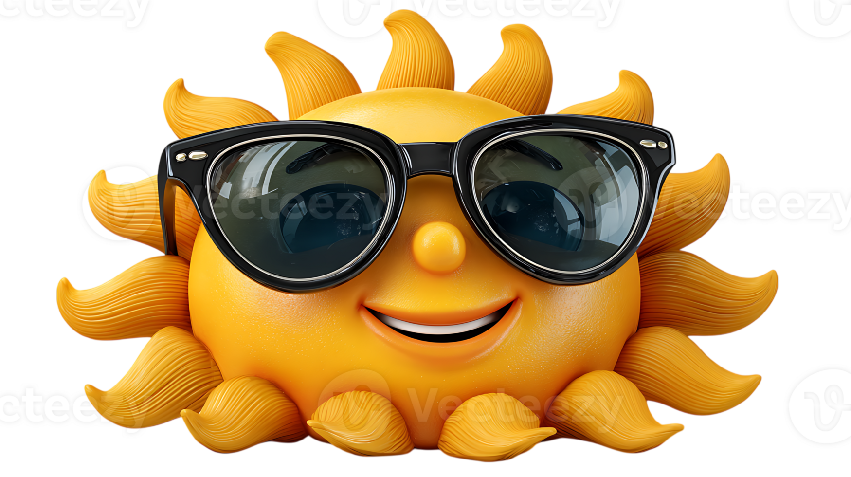 Cheerful cartoon sun character wearing stylish black sunglasses and smiling warmly isolated on transparent background png