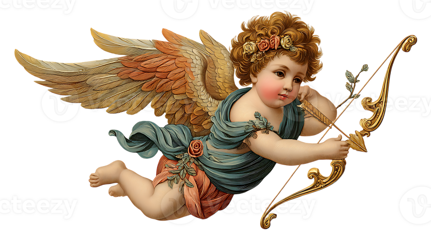Vintage cherub with golden bow and arrow poised for flight adorned with roses and flowing drapery isolated on transparent background png