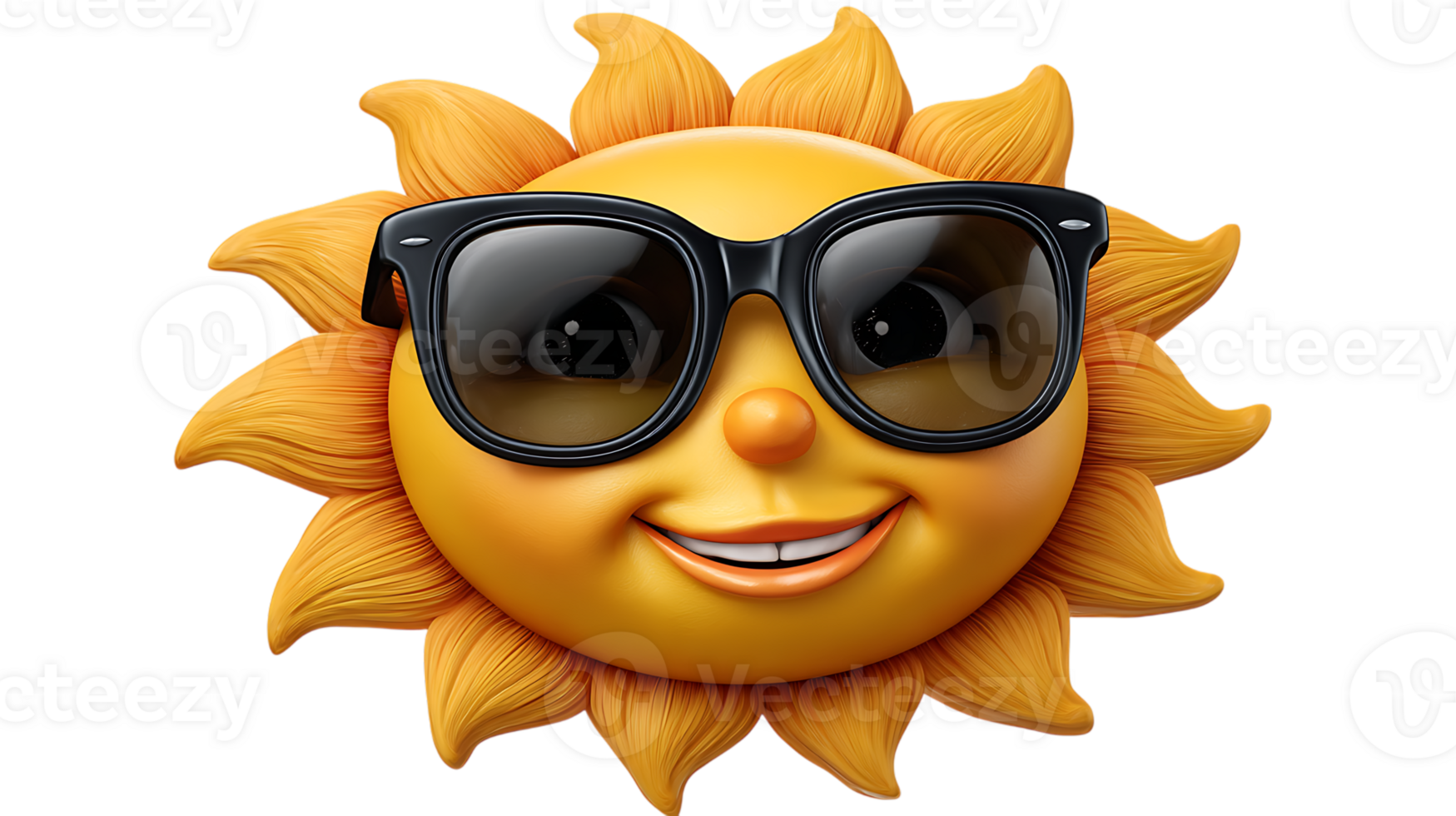 Cheerful cartoon sun character wearing stylish black sunglasses with a friendly smile and bright orange rays isolated on transparent background png