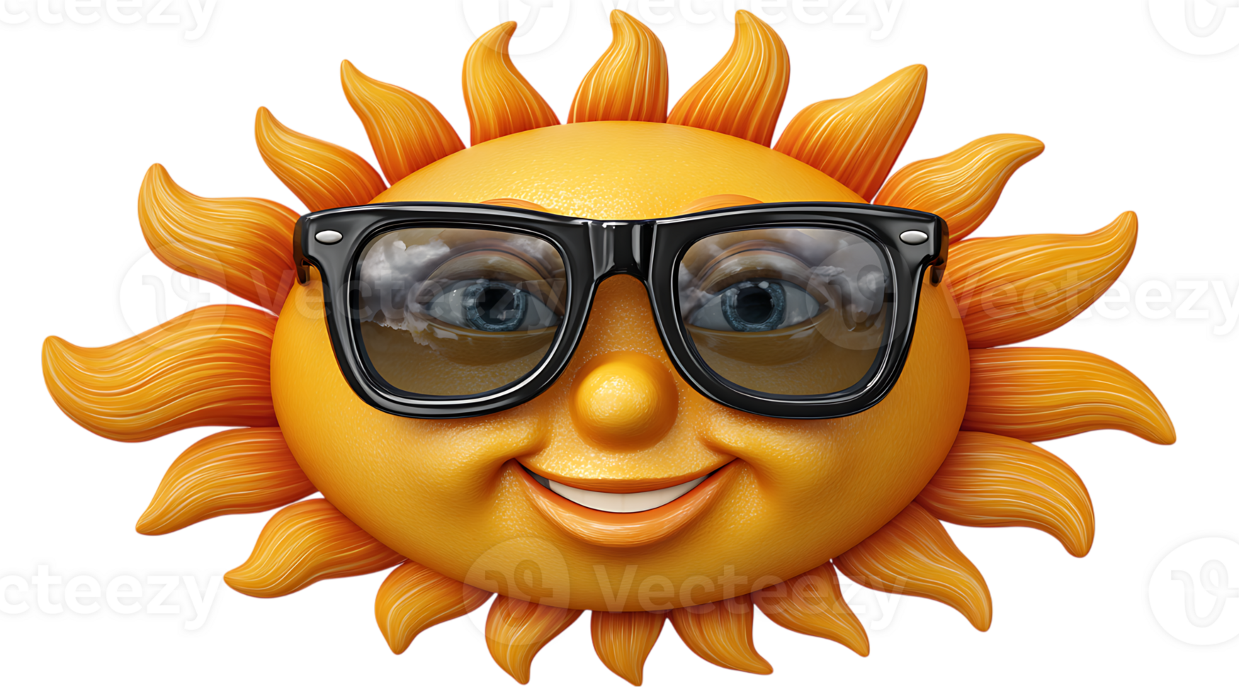 Smiling sun character wearing black eyeglasses reflecting clouds isolated on transparent background png