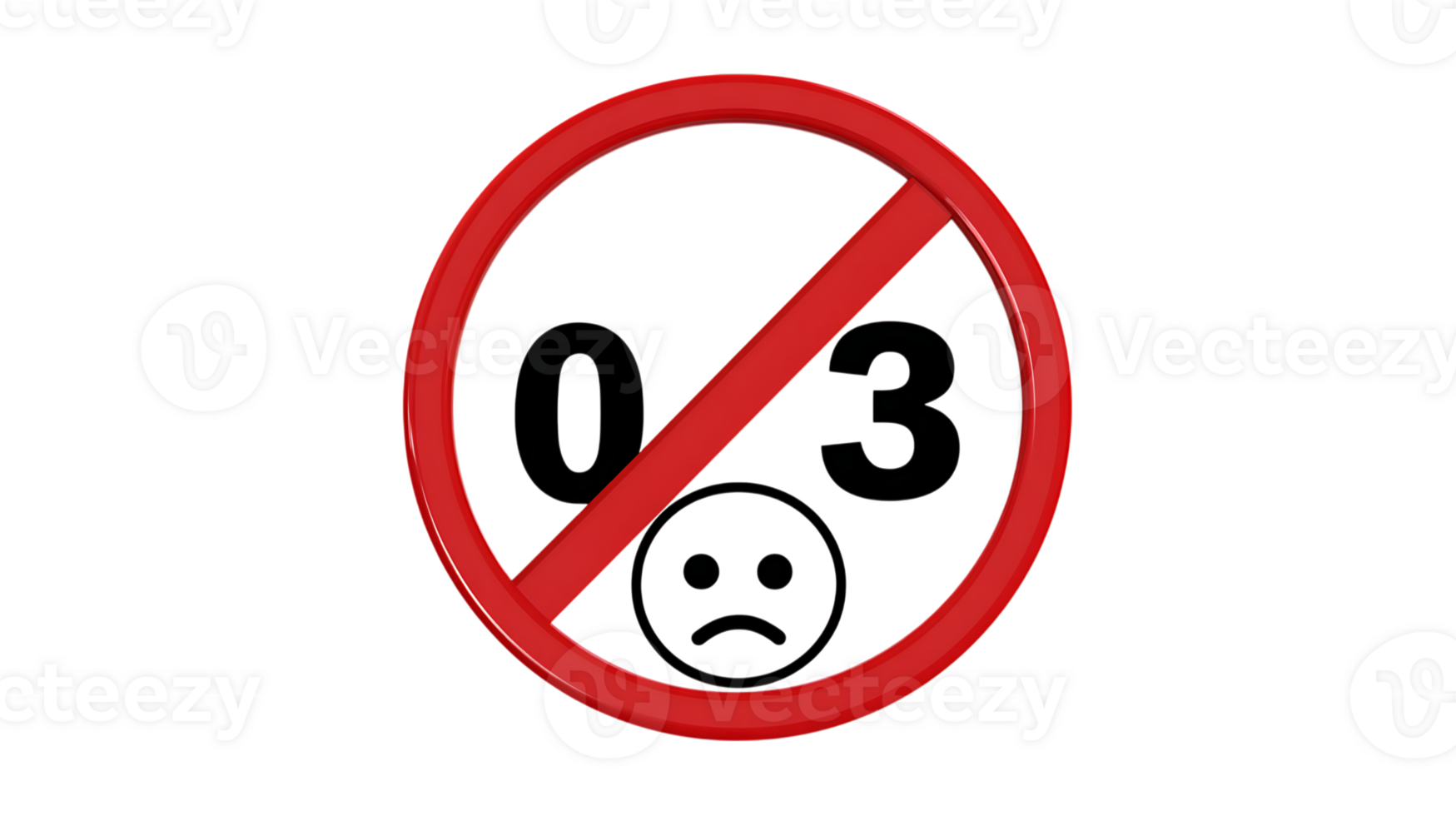 Prohibition sign with numbers zero and three and a sad face symbol isolated on transparent background png