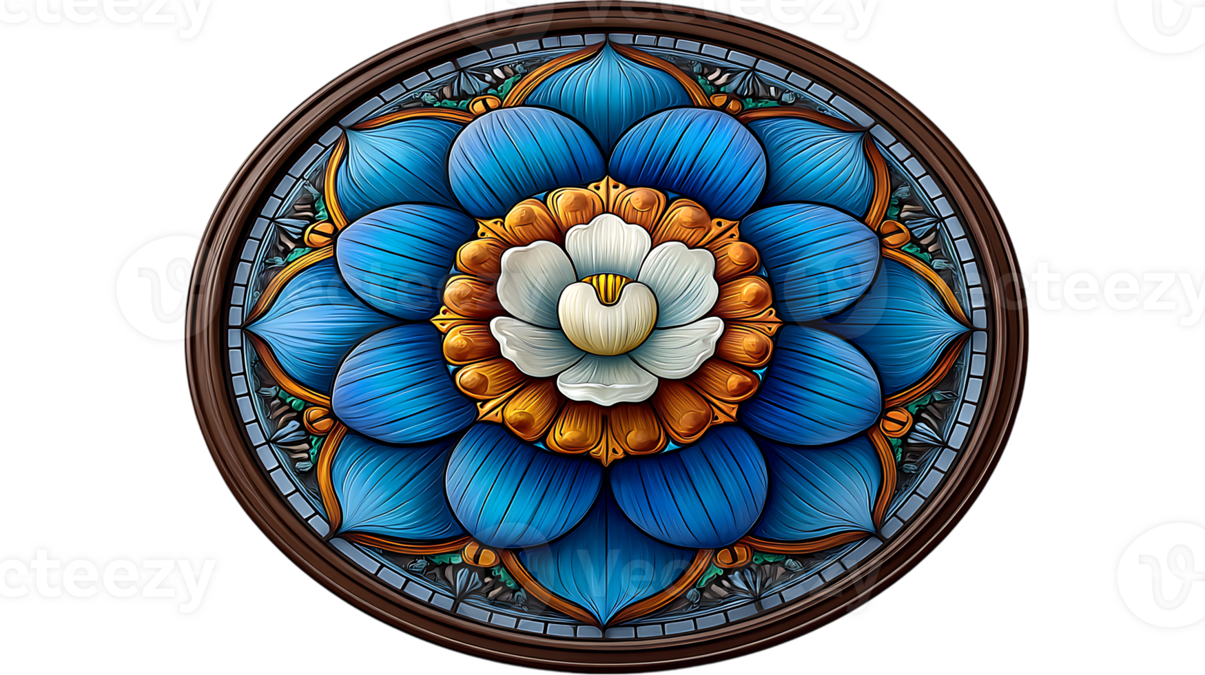 Intricate blue and white floral stained glass mandala design with golden accents isolated on transparent background png