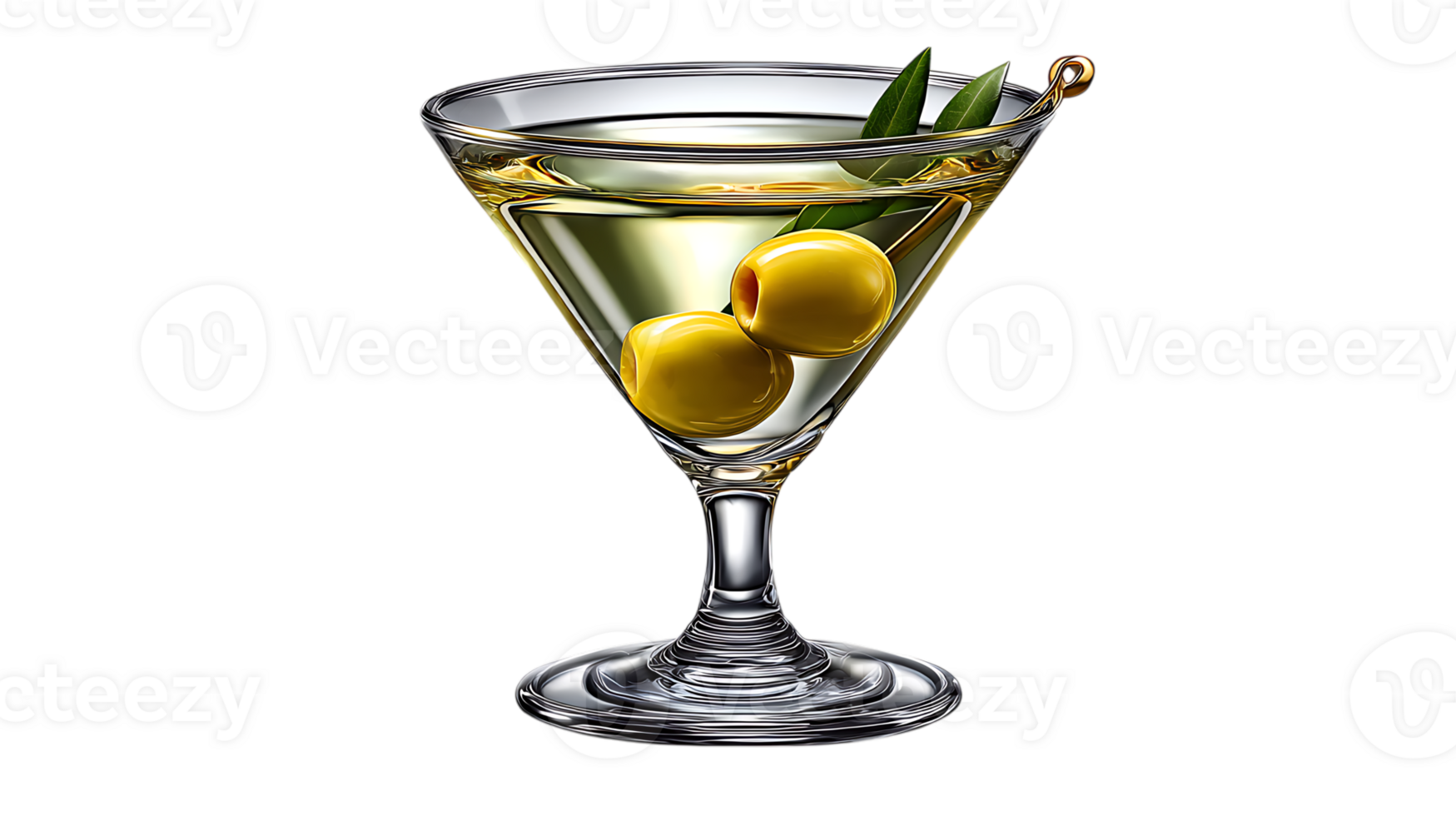 Classic martini cocktail with olives and garnish in a crystal glass isolated on transparent background png