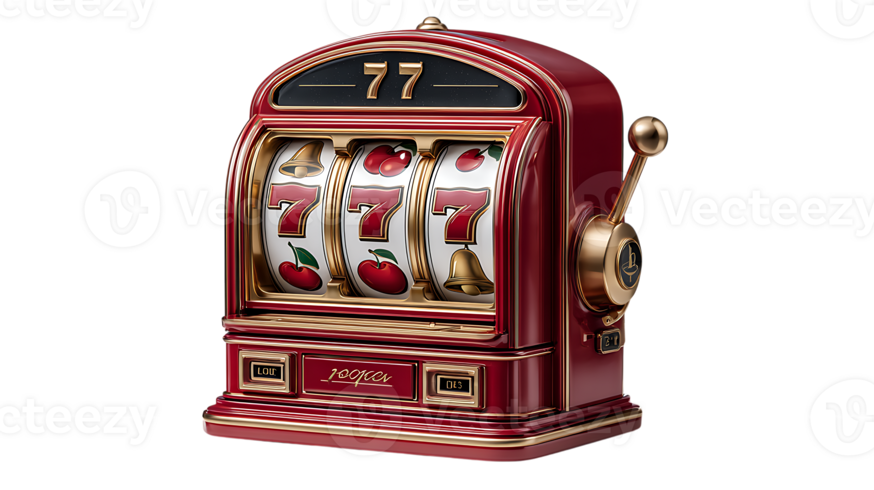 Vintage red slot machine with three sevens and cherries isolated on transparent background png