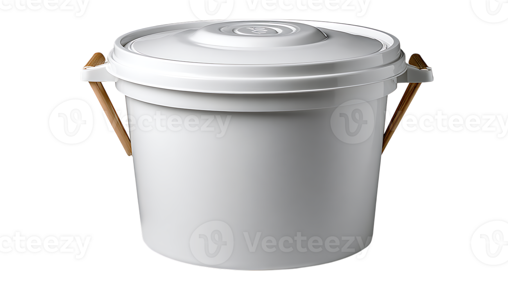 A clean white plastic bucket with a secure lid and wooden handle isolated on transparent background png