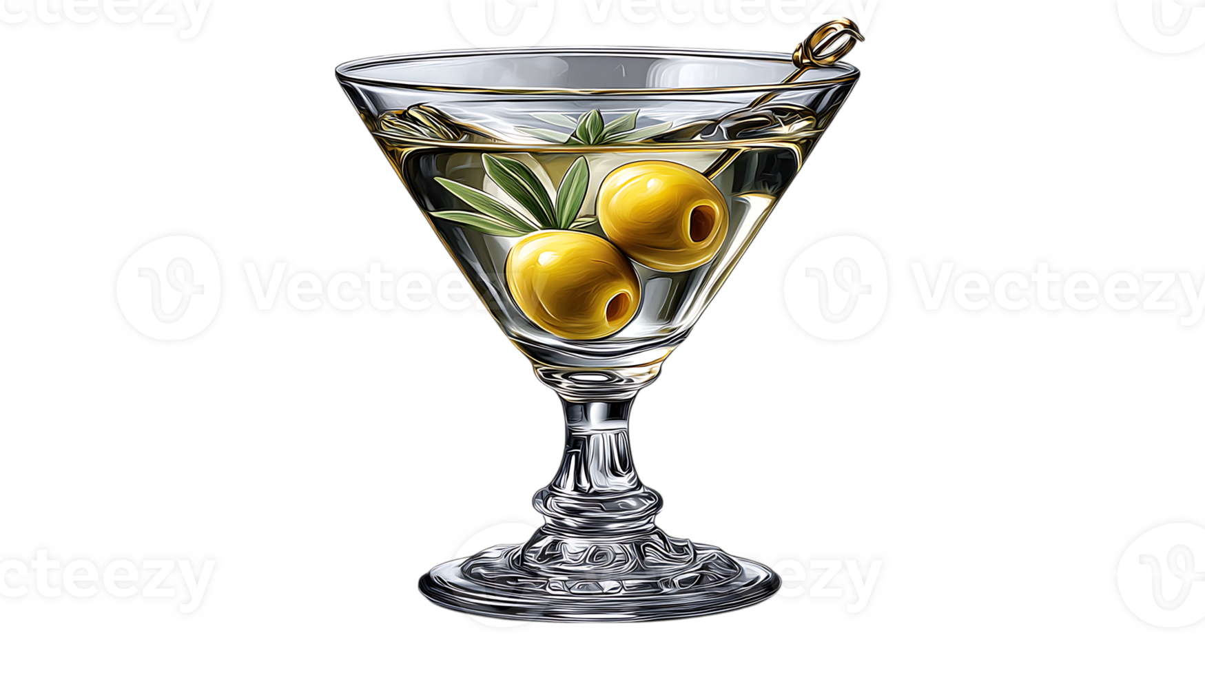 Classic martini cocktail with two green olives and garnish in a crystal glass isolated on transparent background png