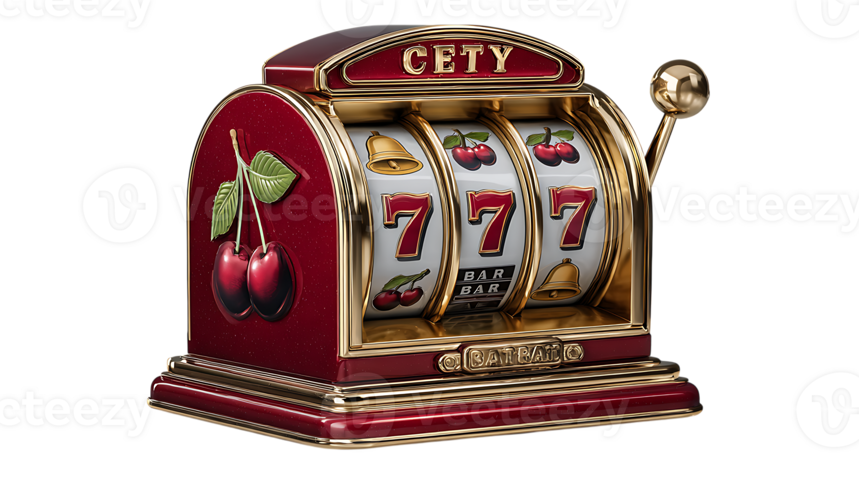 Classic red and gold slot machine with cherry symbols and triple seven jackpot isolated on transparent background png