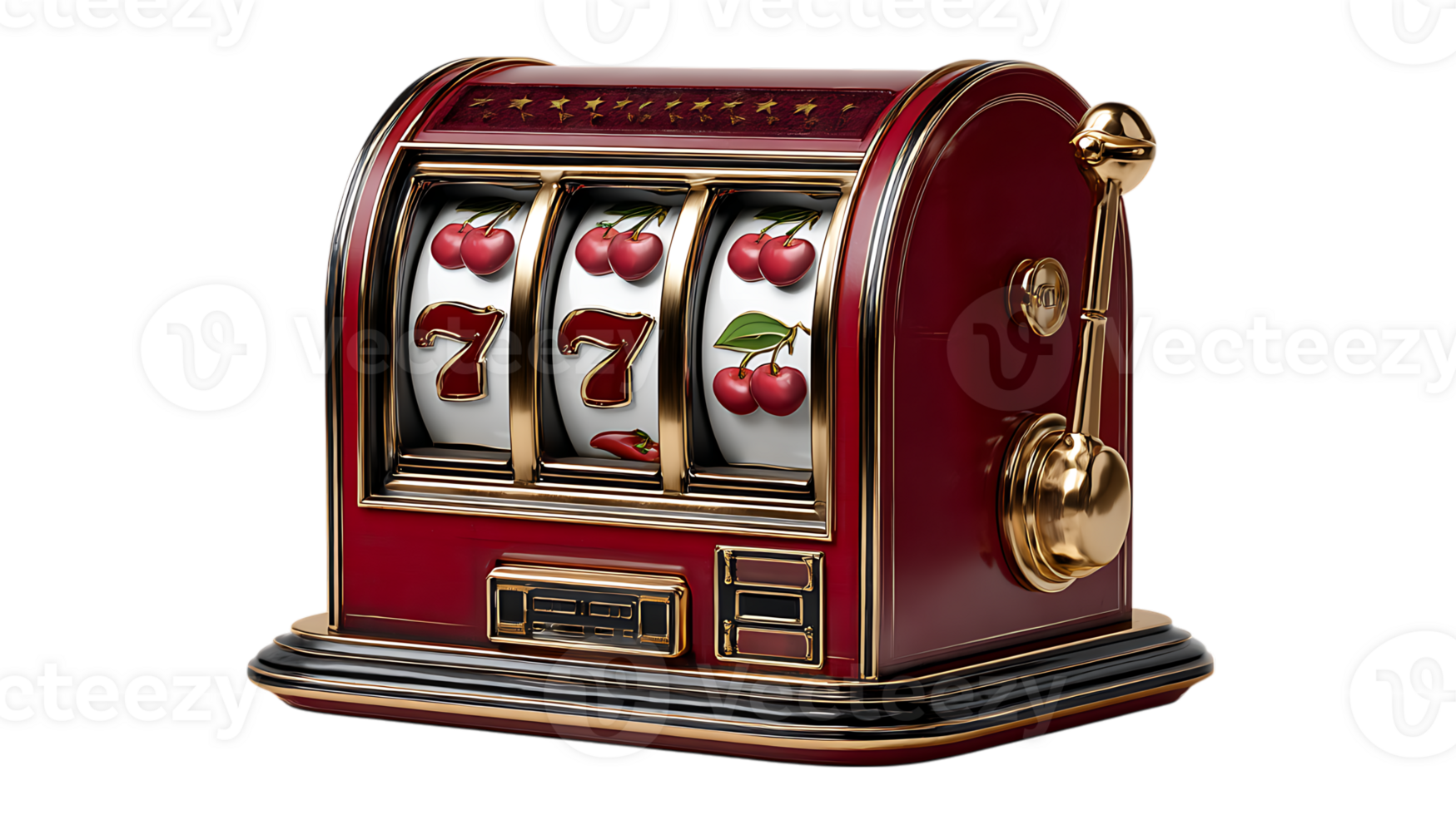 Classic cherry and seven slot machine with golden accents isolated on transparent background png