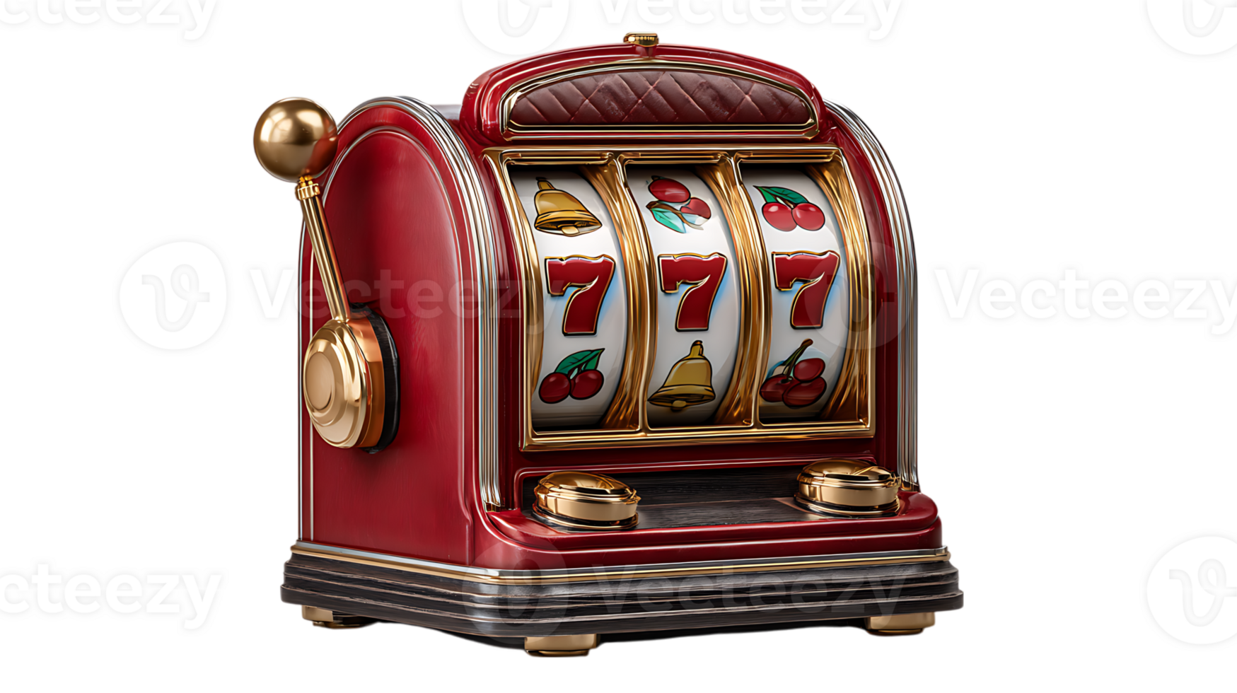 Classic red slot machine with golden lever and three reels showing lucky sevens and cherries isolated on transparent background png