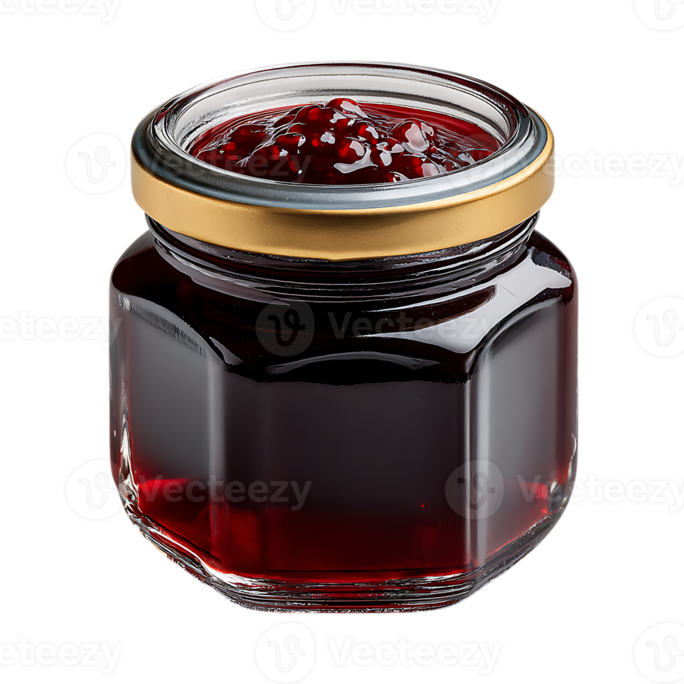 Glass jar filled with dark red berry jam and whole berries on top with a golden lid isolated on transparent background png