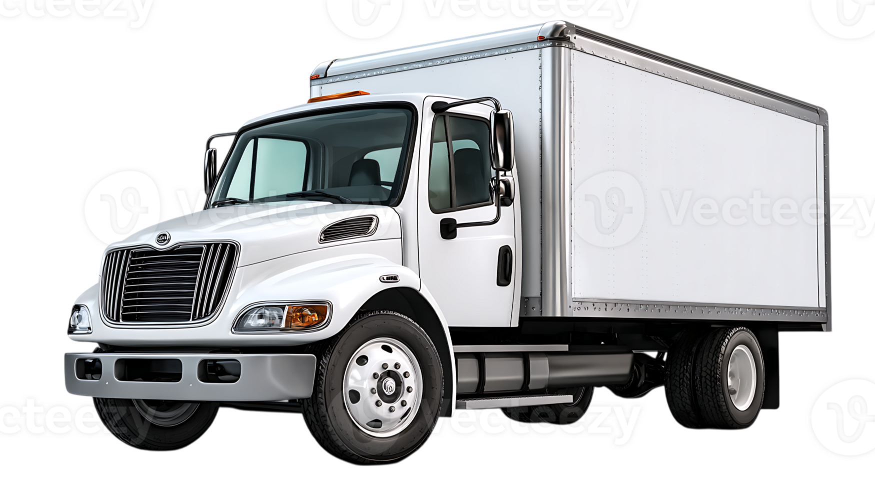 A clean white box truck with a silver trim and chrome grille parked on a transparent background for easy use isolated on transparent background png
