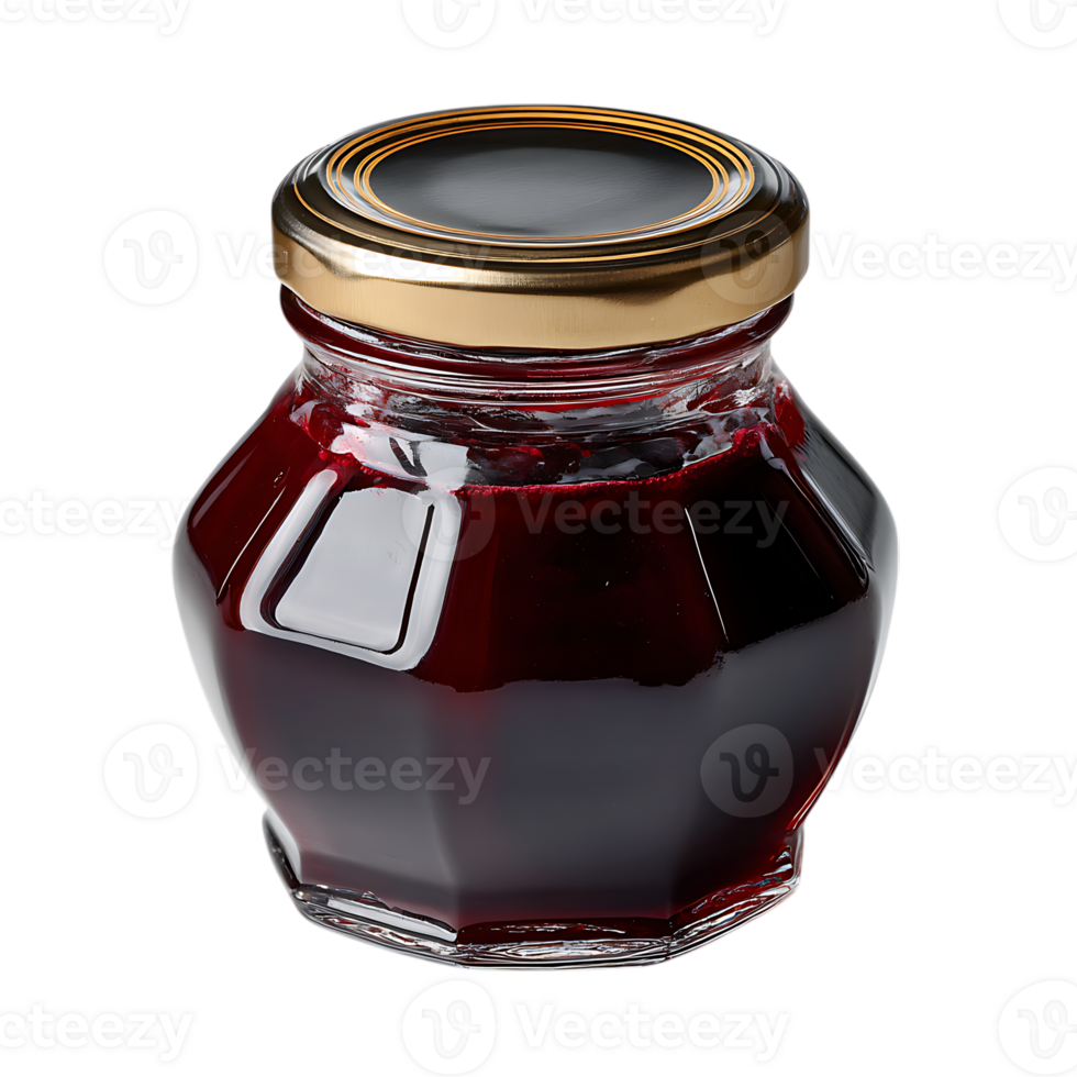 A glass jar filled with dark red berry jam or preserves with a golden lid isolated on transparent background png