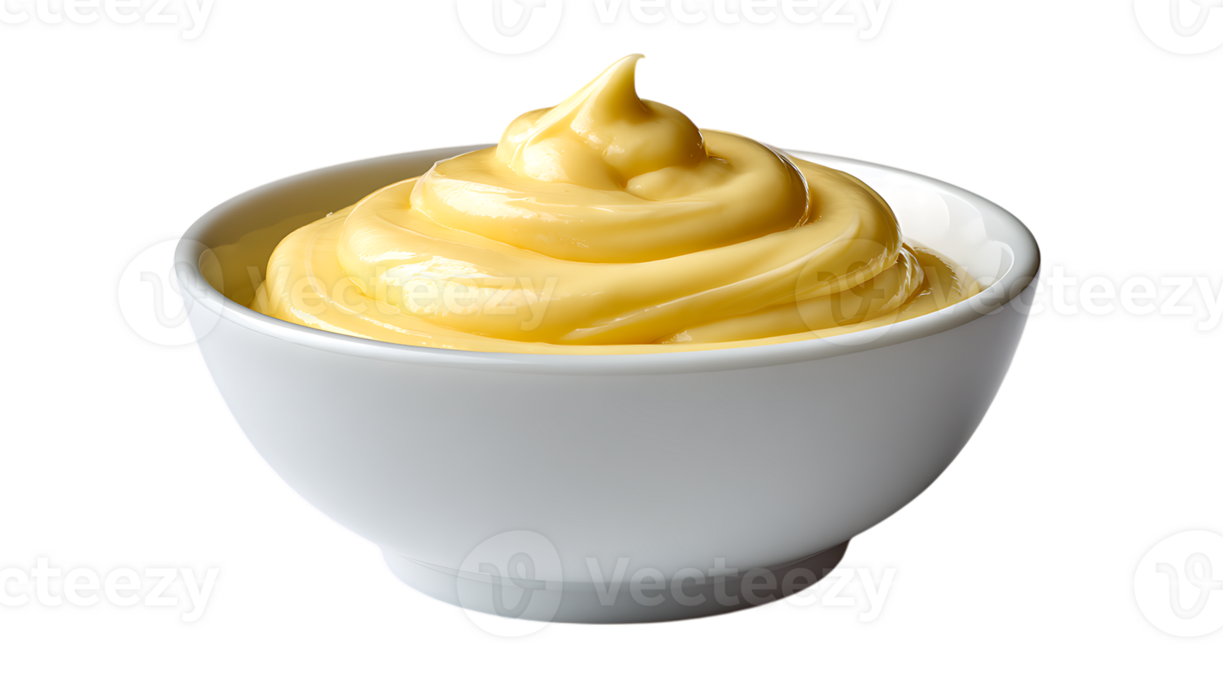 A swirl of creamy yellow mayonnaise in a white bowl isolated on transparent background png
