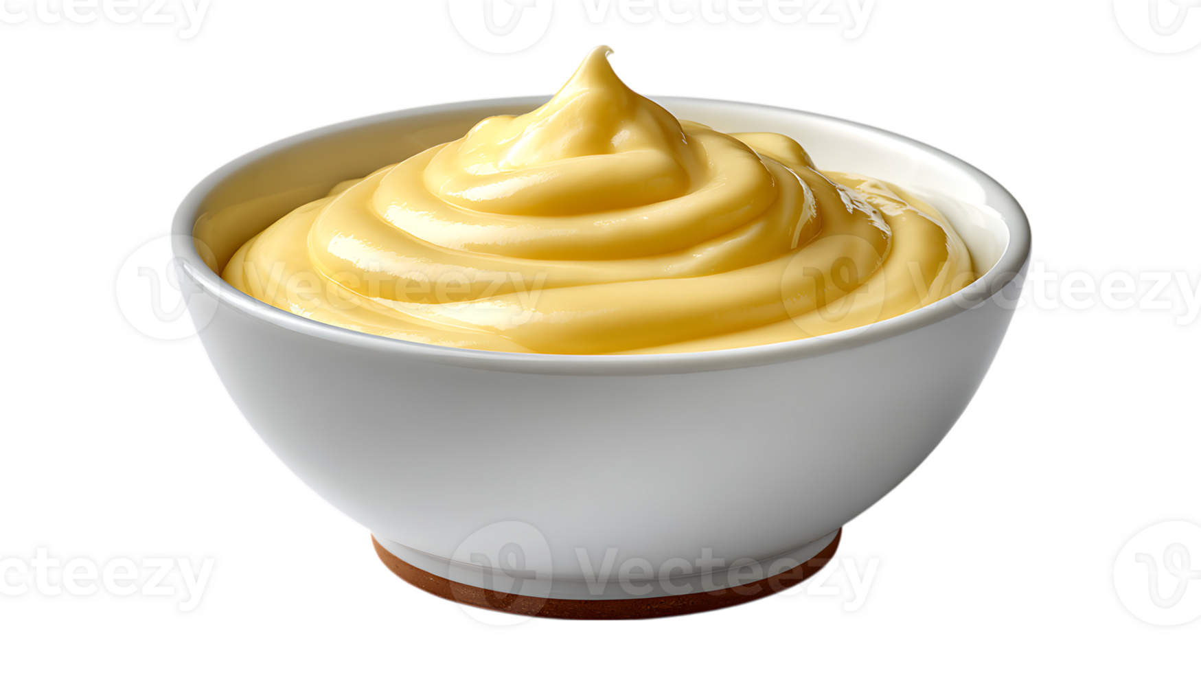 Creamy yellow custard or pudding swirled in a white bowl with a brown base isolated on transparent background png