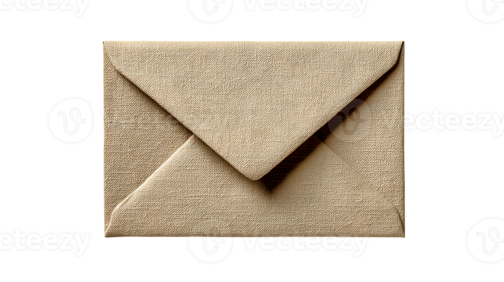 Close up of a textured beige envelope with a triangular flap folded over isolated on transparent background png