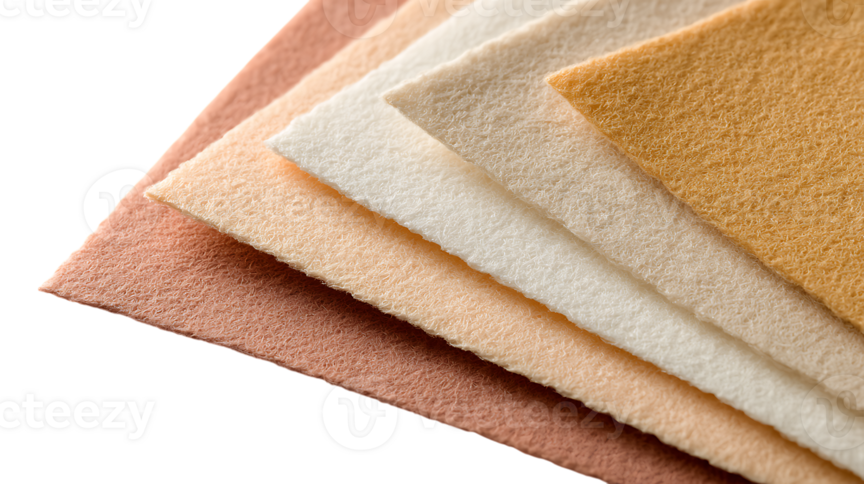 A stack of soft felt swatches in warm earthy tones arranged diagonally isolated on transparent background png