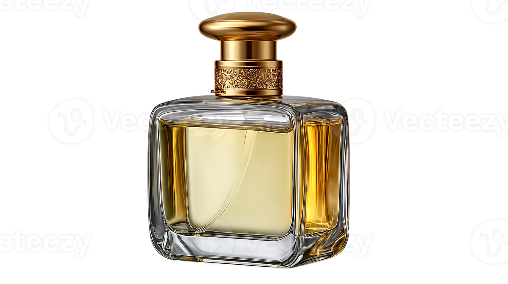 Luxurious square glass perfume bottle with gold cap and ornate detail filled with golden liquid isolated on transparent background png
