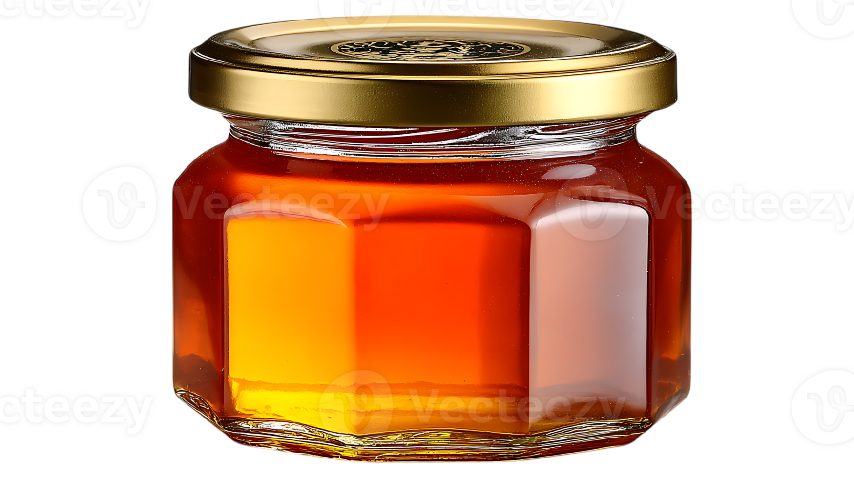 Golden liquid honey in a faceted glass jar with a shiny gold lid isolated on transparent background png