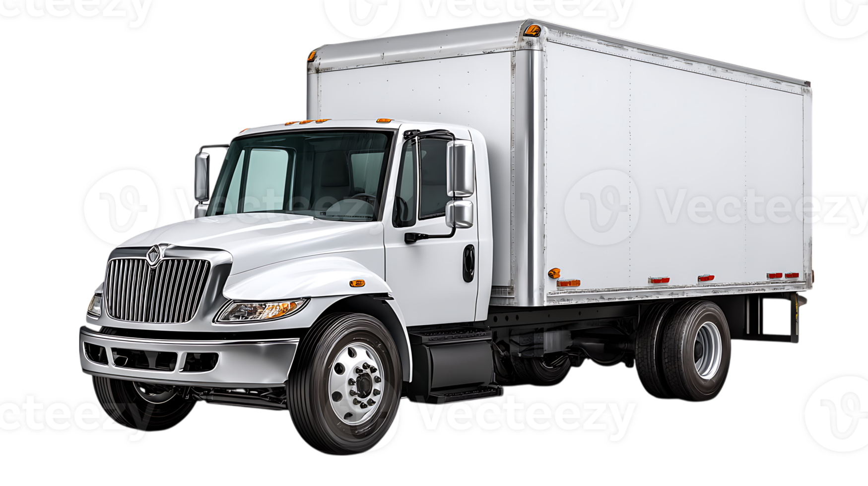 Modern white delivery box truck with chrome grille and details isolated on transparent background png