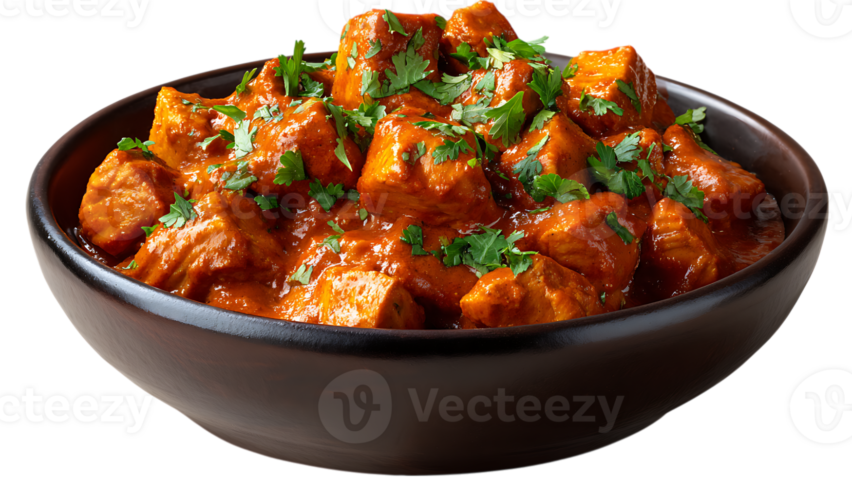 Delicious indian chicken tikka masala with fresh cilantro garnish in a dark bowl isolated on transparent background png