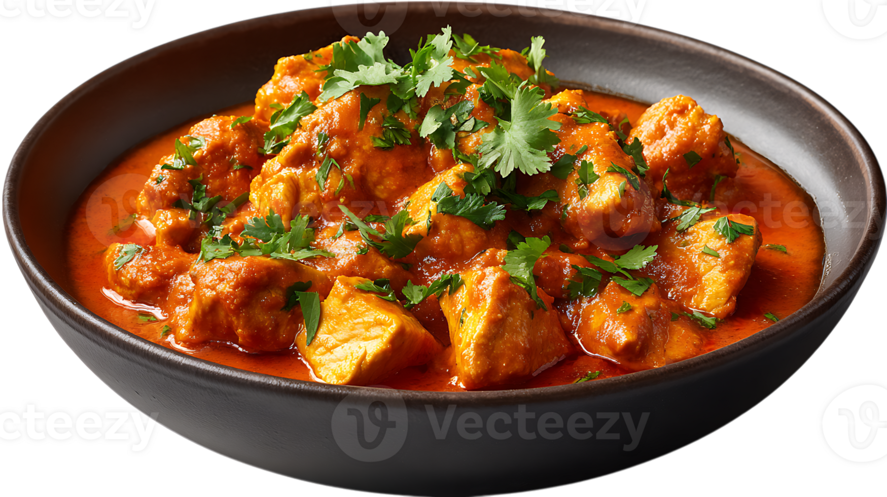Delicious chicken tikka masala served in a dark bowl garnished with fresh cilantro isolated on transparent background png
