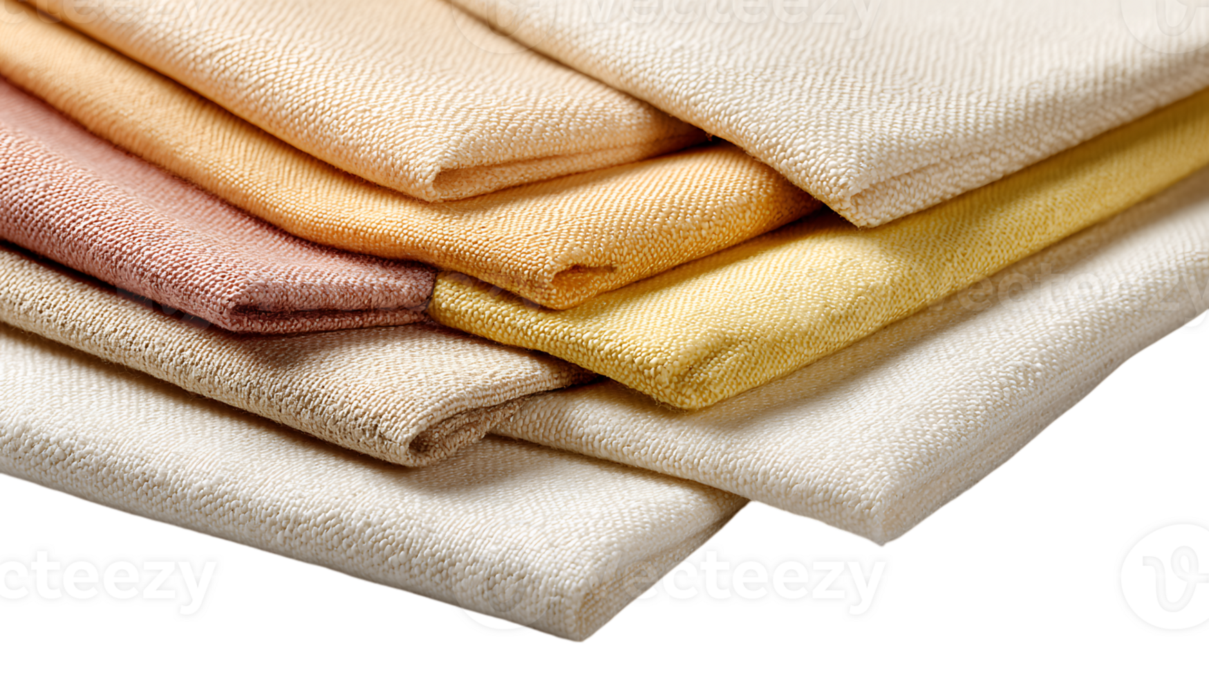 A stack of folded textured fabric swatches in various natural earth tones including cream beige and muted yellow isolated on transparent background png