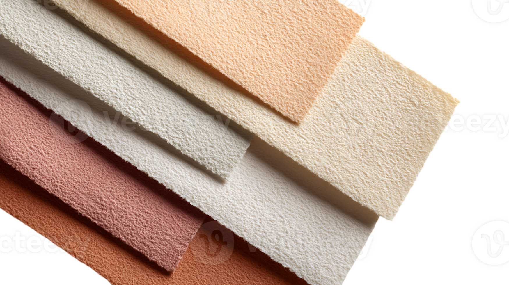 A stack of textured fabric swatches in warm neutral and pastel tones arranged diagonally on a transparent background isolated on transparent background png