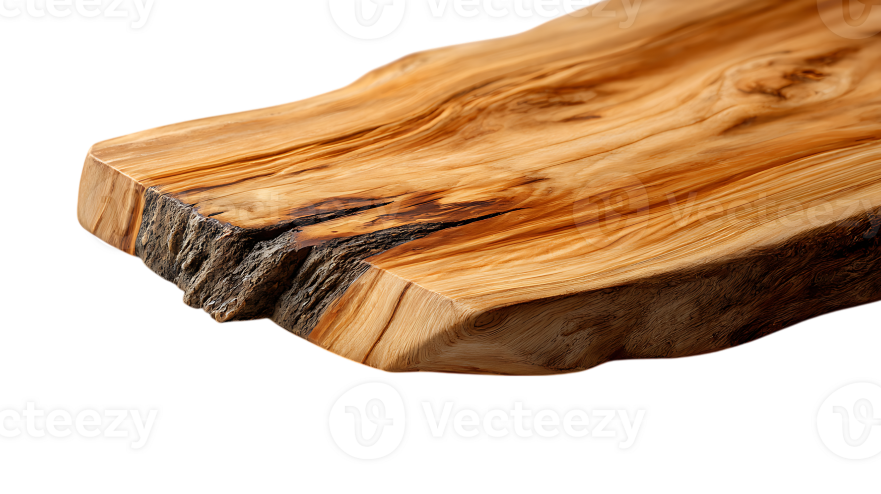 Close up of a rustic live edge wooden slab with natural grain patterns and bark texture isolated on transparent background png